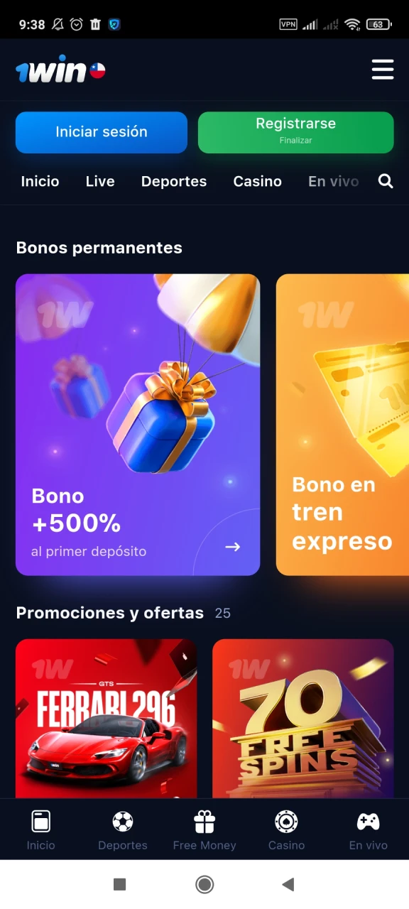 Captura de pantalla de la sección de bonificaciones en la 1win app, con las ofertas actuales detalladas.