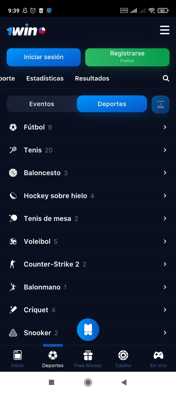 Captura de pantalla de la sección deportiva en la 1win app, donde se muestran todos los deportes disponibles para apostar.