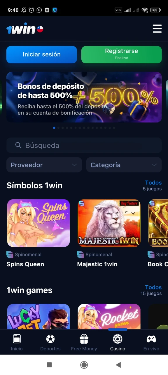 Captura de pantalla de la página principal en 1win app, donde encontrarás los servicios principales.
