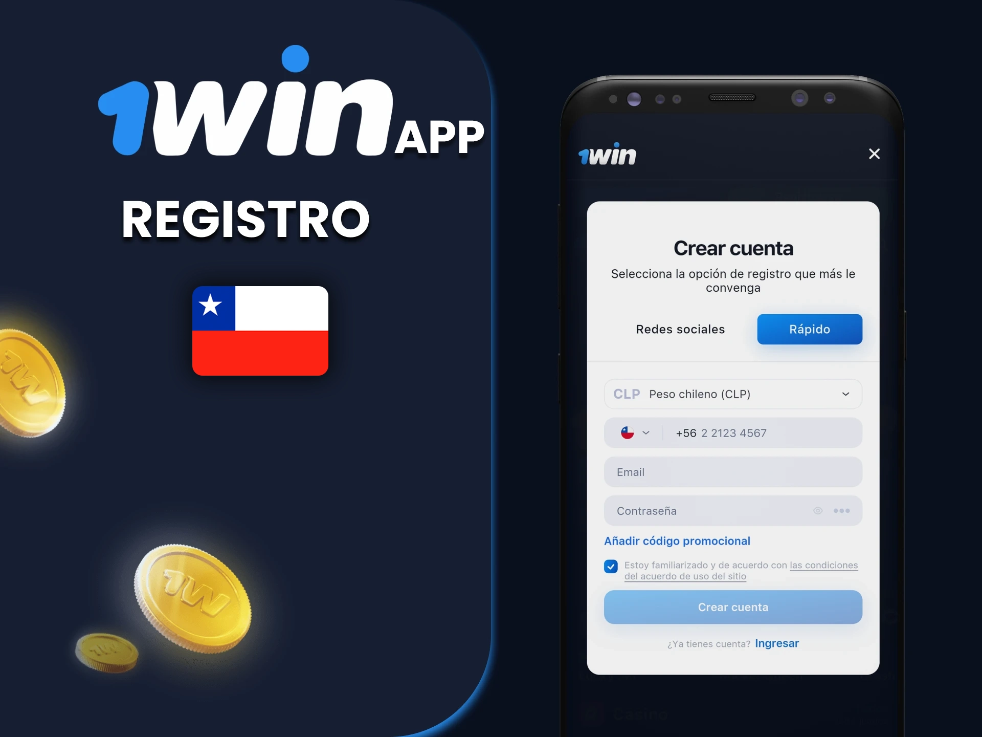 Sigue nuestra guía para crear una cuenta en la app 1win en Chile.