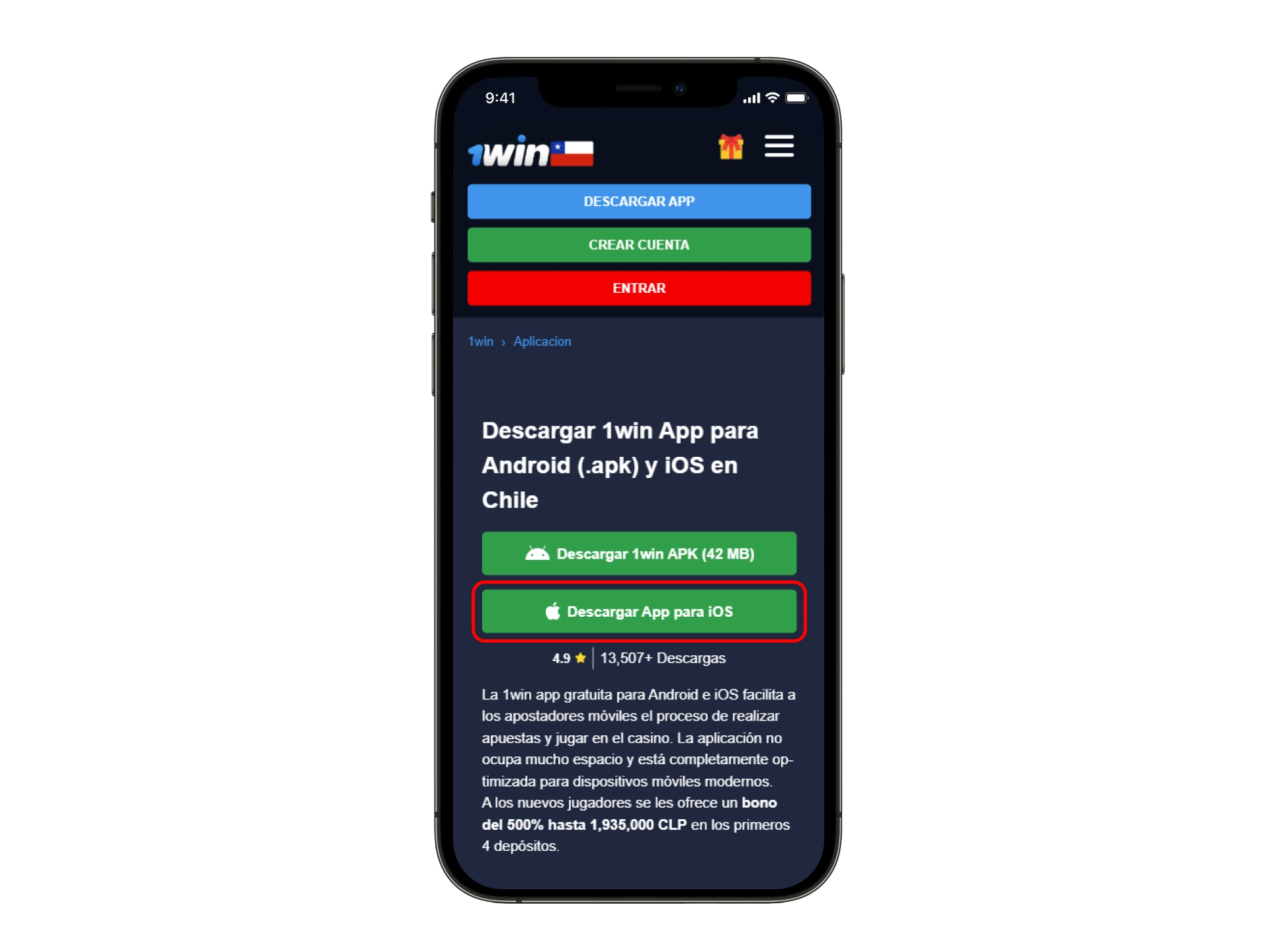 Para instalar 1win en iOS, presione el segundo botón ubicado en la pantalla principal de nuestro sitio web.