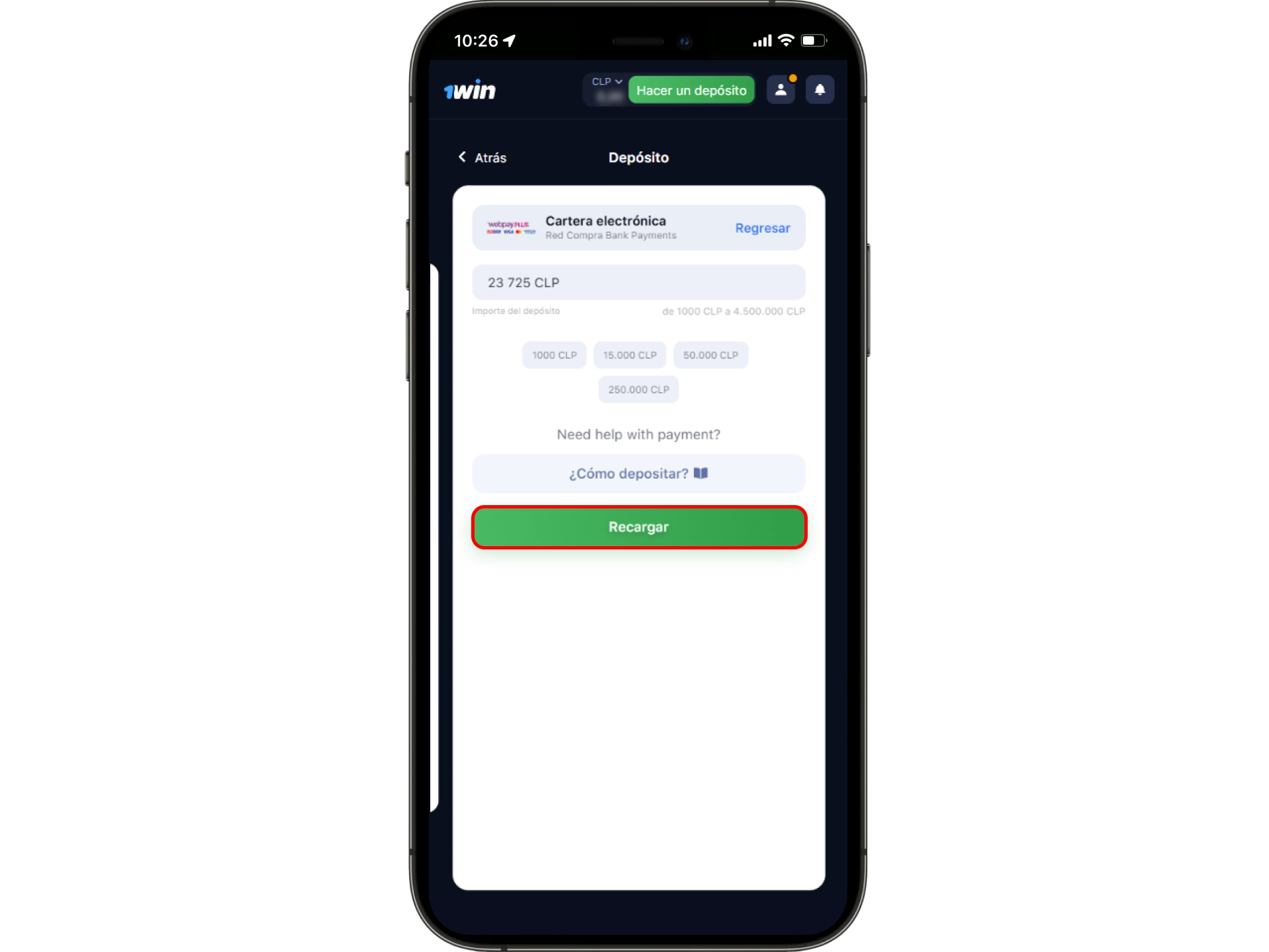 Para recibir una recompensa utilizando el código promocional 1win, realice su primer depósito.