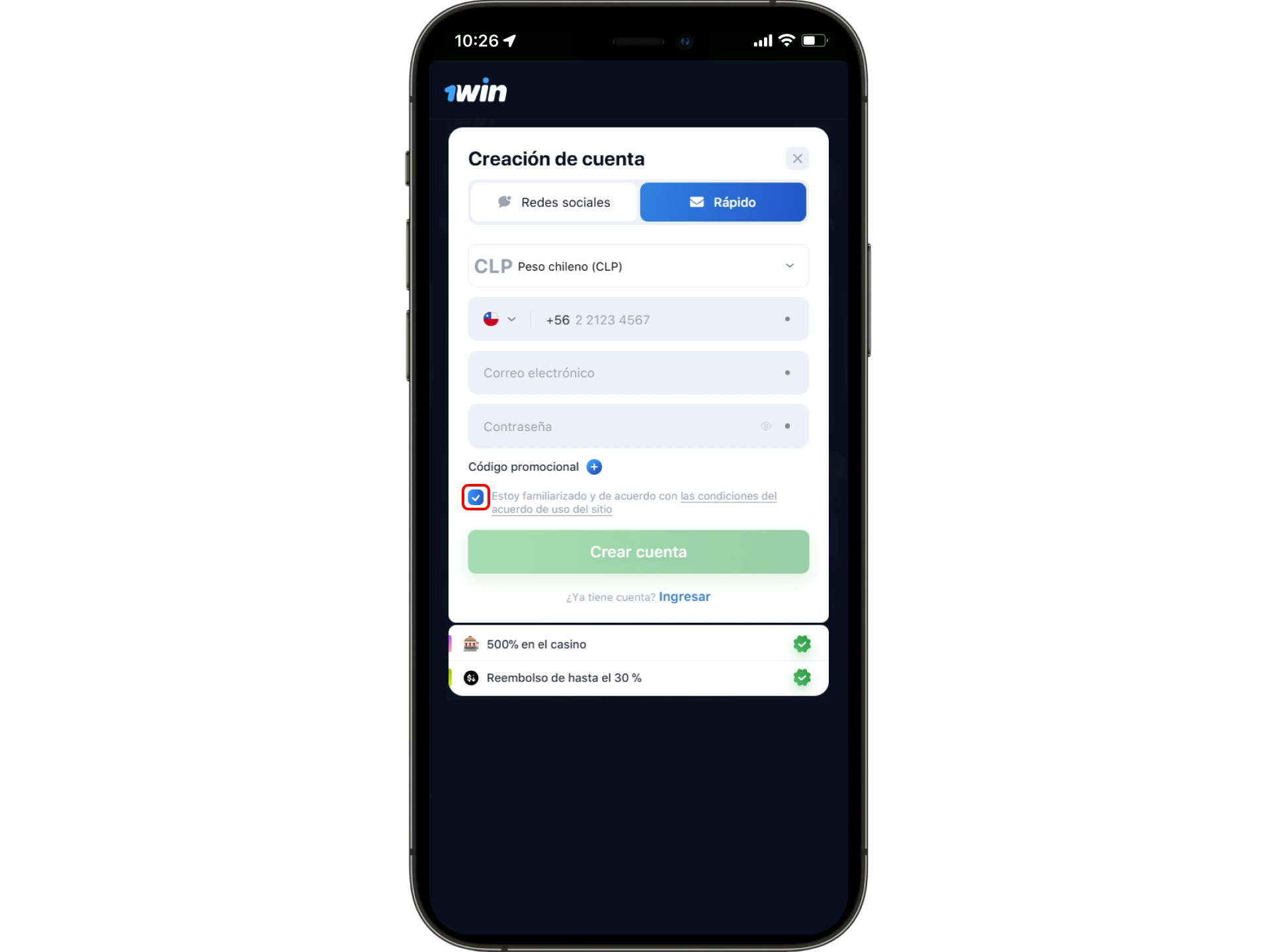 Al 1win registrarte, debes aceptar los términos y condiciones de la plataforma marcando la casilla de verificación.