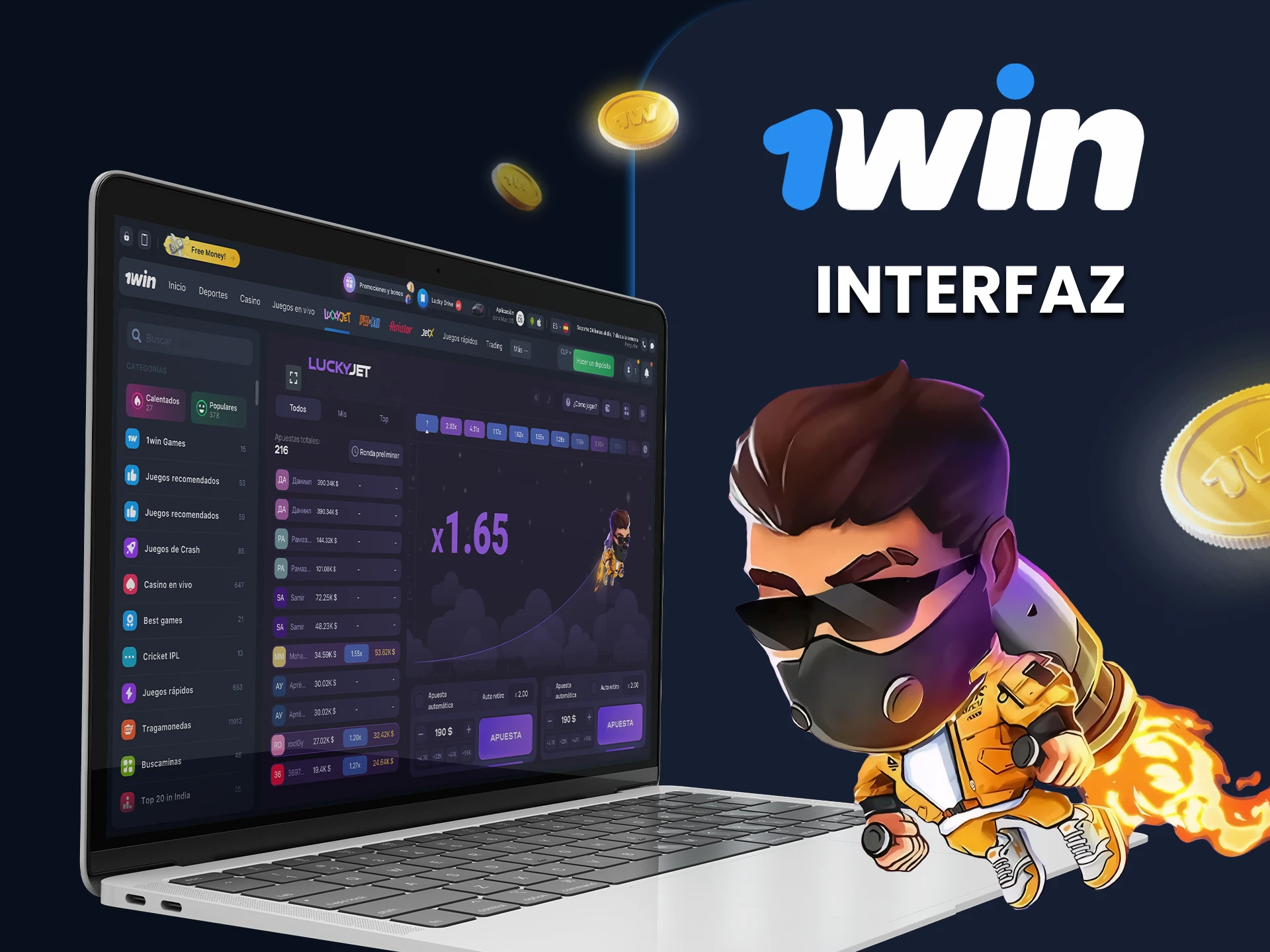 Estudie la descripción de la interfaz del 1win JetPack y algunas funciones del juego.